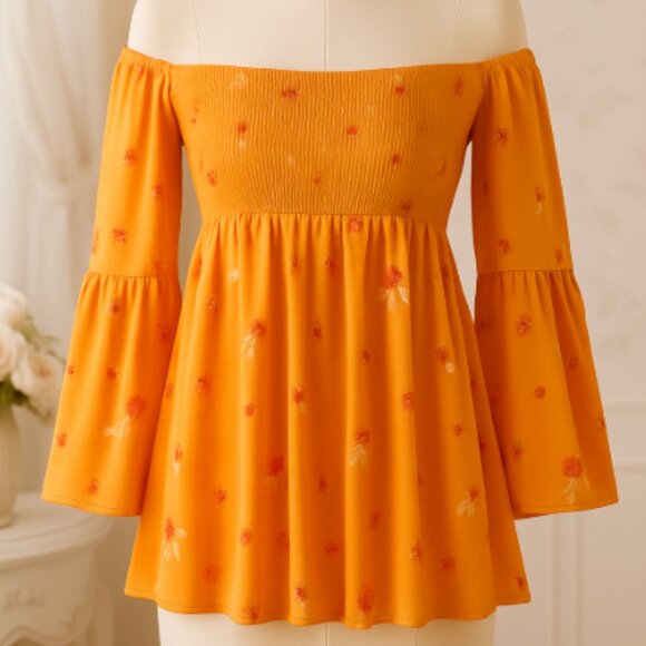 Free People Tops - Free People Golden Poppy Combo Off Shoulder Smocked Bell Sleeve Tunic Top XS